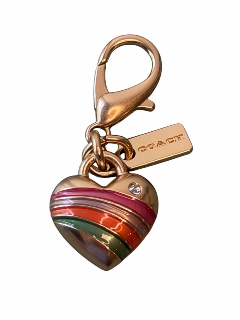 COACH Rainbow Heart Charm Gold Enamel Striped Keychain Bag Charm